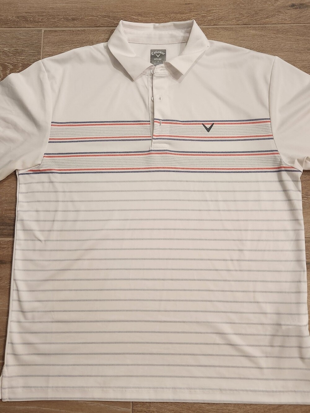 Callaway White Polo with Red and Navy Stripe Detail